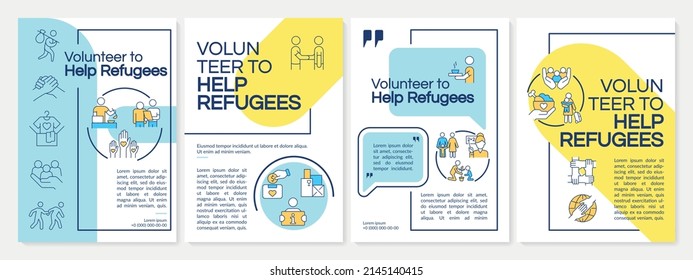 Volunteer to help refugees blue and yellow brochure template. Charity and care. Leaflet design with linear icons. 4 vector layouts for presentation, annual reports. Questrial, Lato-Regular fonts used