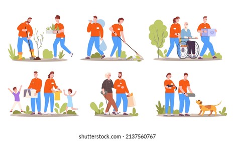 Volunteer help seniors. Volunteering care elder people nursing community, carer person with blindness, social service donating humanitarian charity, vector illustration. Care senior elderly