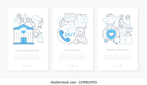Volunteer help and support - line design style banners set with place for text. 24-7 helpline, medical program, health care, mental and physical problem solving. Psychological calm, drugs and therapy