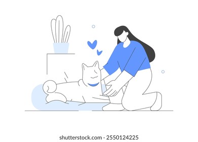 Volunteer help and take care of sheltered stray dog. Adopting homeless animals. Pet adoption, charity, love concept. Caress a pet, playing. Flat Cartoon Vector Illustration, icon. Stylish abstract