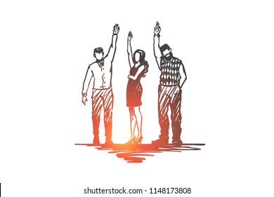 Volunteer, help, together, donation concept. Hand drawn group of volunteers raised their hands up concept sketch. Isolated vector illustration.