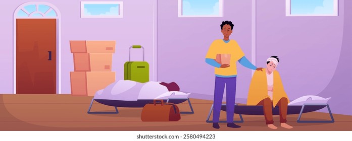 Volunteer help to the victim man with head injury, distribute things in shelter for homeless people. Temporary residence, refugees camp flat vector illustration. Emergency humanitarian support concept