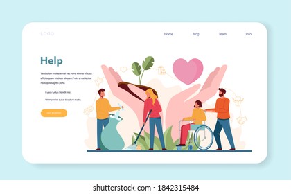 Volunteer help web banner or landing page. Charity community support people, donate clothes, take care of the planet, make a donation. Idea of care and humanity. Isolated vector illustration