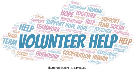 Volunteer Help word cloud. Vector made with text only.