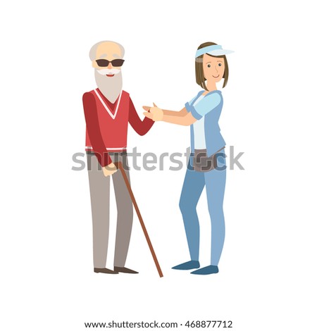 Volunteer Helping A Blind Old Man