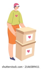 Volunteer helping to collect and gather needed items for donation and charity fund. Isolated person with boxes of clothes, food or medical products for people. Vector in flat style illustration