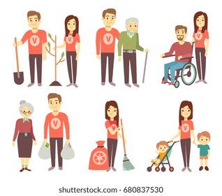 Volunteer helping to disabled people vector characters set for volunteering concept. Volunteer help and assistance disability people illustration