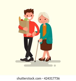 Volunteer helping grandmother carry products. Vector illustration of a flat design