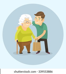 Volunteer is helping to grandmother. Vector flat illustration