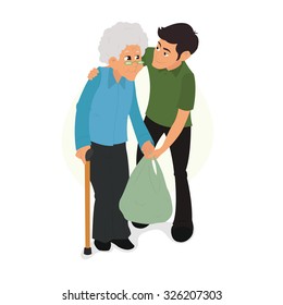 Volunteer helping her grandmother deliver the bag. volunteer helps an old woman carrying a bag. vector illustration. volunteer helps a woman. Volunteer helping grandmother.