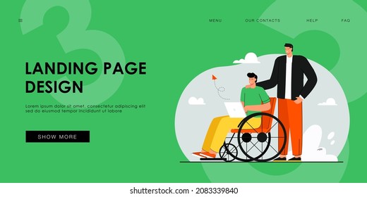 Volunteer helping man in wheelchair flat vector illustration. Disabled person using laptop and social media. Help, inclusion, accessibility concept for banner, website design or landing web page