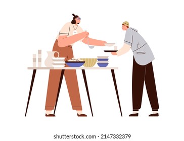 Volunteer Helping Poor Person, Giving Food, Sharing Meal With Homeless. Woman Supporting Hungry Starving People, Providing With Feed At Table. Flat Vector Illustration Isolated On White Background