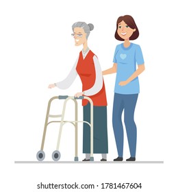 Volunteer helping senior woman - flat design style illustration with cartoon characters. Cheerful female assistant, social worker supporting retired person with walkers. Healthcare, elderly care idea