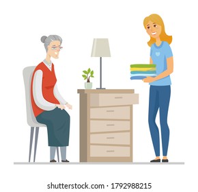 Volunteer helping senior woman - flat design style illustration with cartoon characters. Female volunteer, social worker giving a pile of clothes to a smiling elderly person. Clothing provision idea