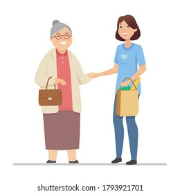 Volunteer helping senior woman - flat design style illustration with cartoon characters. Female assistant, social worker carrying shopping bags for a smiling elderly person. Food provision idea