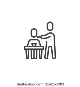 Volunteer helping at the table line icon. linear style sign for mobile concept and web design. Caregiver feeding senior outline vector icon. Symbol, logo illustration. Vector graphics