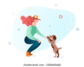 Volunteer helps to care for animals, a girl plays with a dog, animal protection and search owners for Pets. Vector illustration of the concept of caring for homeless animals.