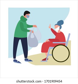 Volunteer helps disabled old woman with shopping. Social work during quarantine. Covid-19 awareness concept. Assistance to vulnerable category concept. Vector illustration in flat style
