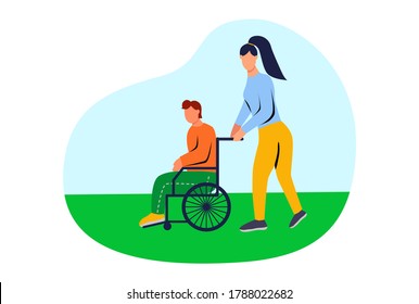 The volunteer helps disabled people with limited mobility. Flat vector illustration.