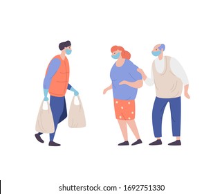 Volunteer helps elderly couple during coronavirus pandemic.Young man with packages in hands carrying necessities for old citizen. Concept assistance and support to people at risk of virus infection