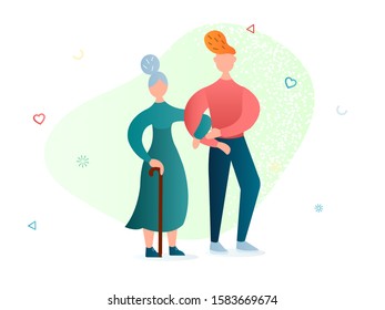 Volunteer helps elderly people. Vector illustration caring for the elderly, the sick and people with disabilities