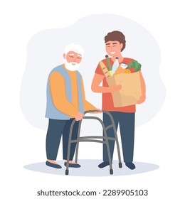 A volunteer helps an elderly person carry groceries. Vector graphics.