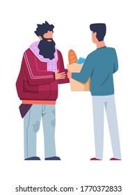 Volunteer helps homeless. Man donates food to poor unemployed citizen, stands giving food pack to hunger character, donations and charity concept, flat cartoon isolated illustration