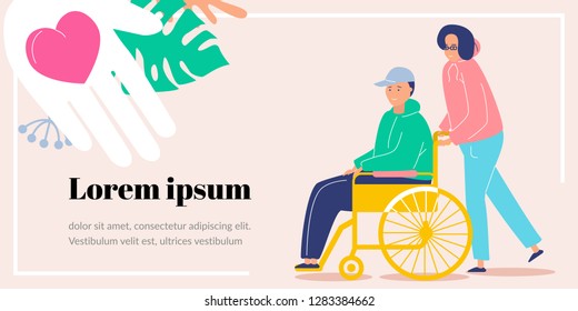 A volunteer helps a man in a wheelchair. Helping hand and heart. Template or banner for website, greeting card or flyer. Vector flat illustration with botanical elements