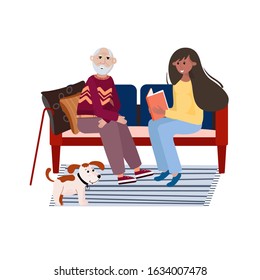 Volunteer helps old man. Social worker reads book elderly man . Old people takes care concept. Smiling woman is sitting in the sofa and read senior. Healthcare vector flat illustration.