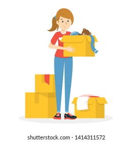 Volunteer holding box with clothes for poor people. Donation box concept. Idea of charity, humanity and help. Isolated vector illustration in cartoon style