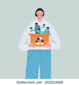 Volunteer holding container with plastic bottles flat cartoon illustration. Waste reduction banner design. Recyclable waste background.