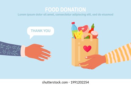 Volunteer holding a donation box with food for hunger people. Different grocery products for homeless people in shelter. Solidarity and charity concept. Vector illustration