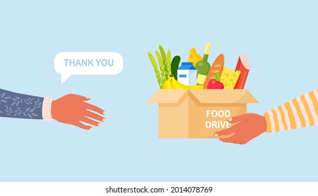 Volunteer holding a donation box with food for hunger people. Different grocery products for homeless people in shelter. Solidarity and charity concept. Vector illustration