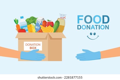 Volunteer holding a donation box with food, awareness and charity concept vector illustration.