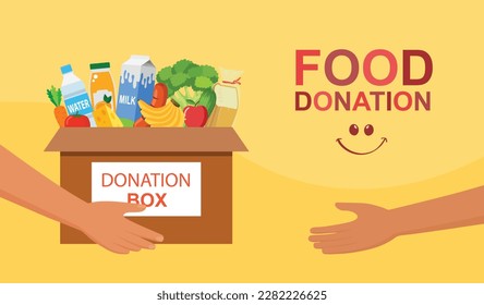 volunteer holding a donation box with food awareness and charity concept. vector illustration.