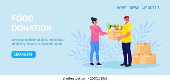 Volunteer holding a donation box, package with grocery. Humanitarian workers handing out food to people in need.Charity, food donation for needy and poor, homeless people. Vector illustration 