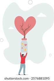 volunteer holding growing plant with heart. Assistance and protection, hope, love and support concept.flat characters.