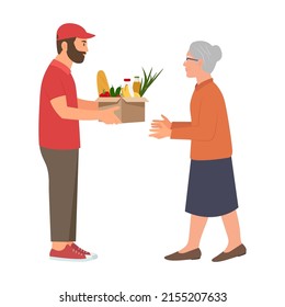 Volunteer holds a  box of food. Food donation concept.Humanitarian assistance to poor people.Charity and donation. Cartoon flat vector illustration isolated on white background