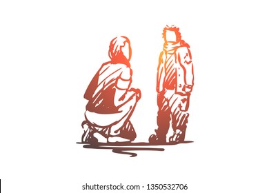 Volunteer, homeless, child, help concept. Hand drawn woman volunteer talk to homeless child concept sketch. Isolated vector illustration. svg