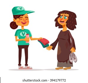 Volunteer and homeless. Vector flat cartoon illustration