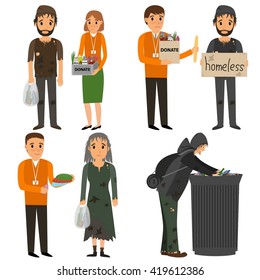 Volunteer and homeless. Volunteers design concept set with people helping homeless. Vector flat cartoon illustration svg