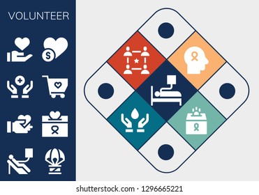  volunteer icon set. 13 filled volunteer icons. Simple modern icons about  - Blood donation, Humanitarian, Give love, Donation, Solidarity, Charity, Hope, Community