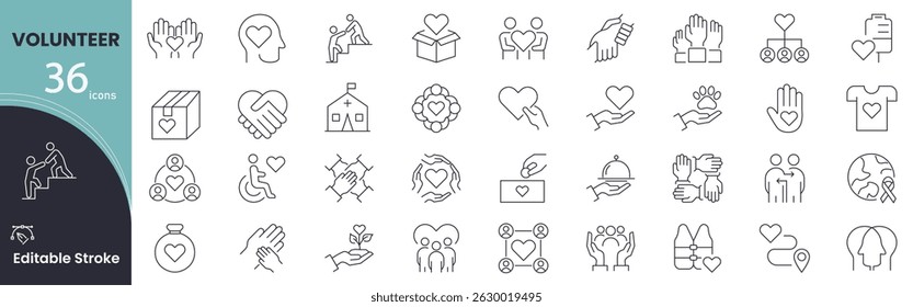 Volunteer icon set. Community service and helping related line icons. teamwork, support, charity, hands, people, donation, aid, care, contribution, social work and more. Editable stroke. 