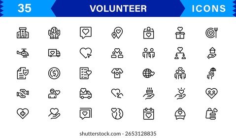 Volunteer Icon Set Featuring Community Support, Helping Hands, and Charity Symbols in Clean Vector Style.