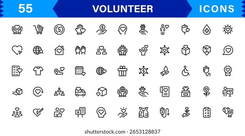 Conjunto de Ícones Voluntários Apresentando Suporte Comunitário, Mãos Auxiliares e Símbolos de Caridade em Estilo Clean Vetor.