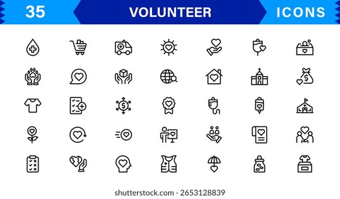 Conjunto de Ícones Voluntários Apresentando Suporte Comunitário, Mãos Auxiliares e Símbolos de Caridade em Estilo Clean Vetor.