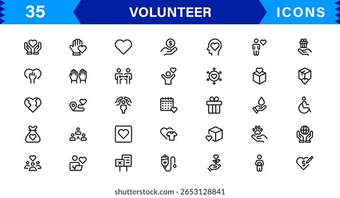 Conjunto de Ícones Voluntários Apresentando Suporte Comunitário, Mãos Auxiliares e Símbolos de Caridade em Estilo Clean Vetor.