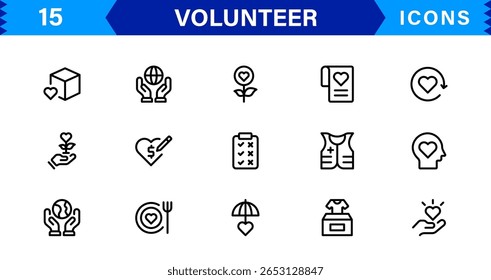Conjunto de Ícones Voluntários Apresentando Suporte Comunitário, Mãos Auxiliares e Símbolos de Caridade em Estilo Clean Vetor.
