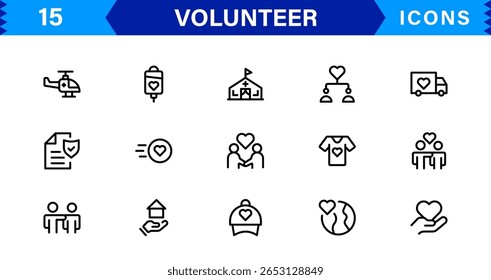 Conjunto de Ícones Voluntários Apresentando Suporte Comunitário, Mãos Auxiliares e Símbolos de Caridade em Estilo Clean Vetor.