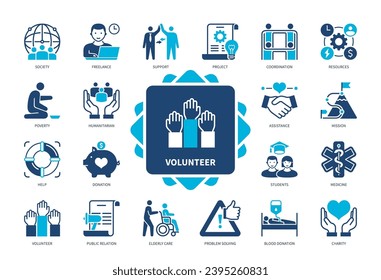 Volunteer icon set. Public Relation, Elderly Care, Problem Solving, Coordination, Donation, Society, Support, Poverty. Duotone color solid icons